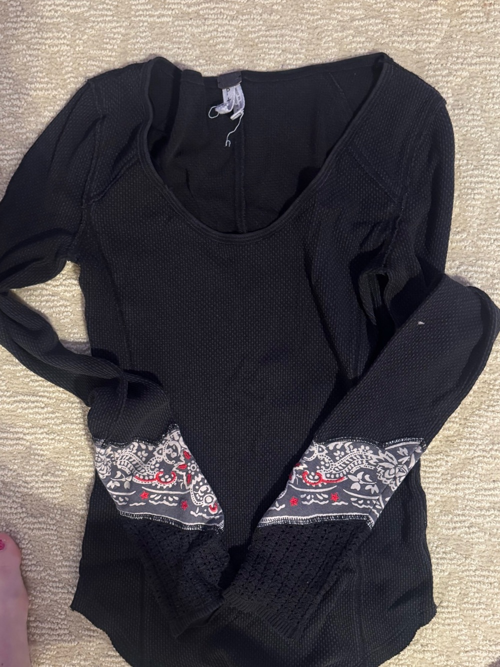 We The Free Black Long-Sleeve Thermal Top with Printed Sleeve Panels